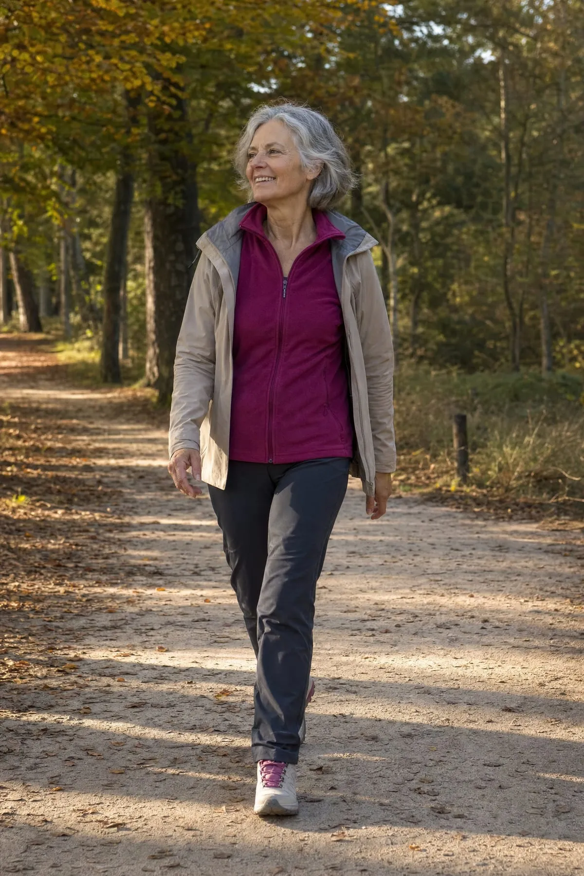Een vrouw wandelt lachend over een bospad in de herfst