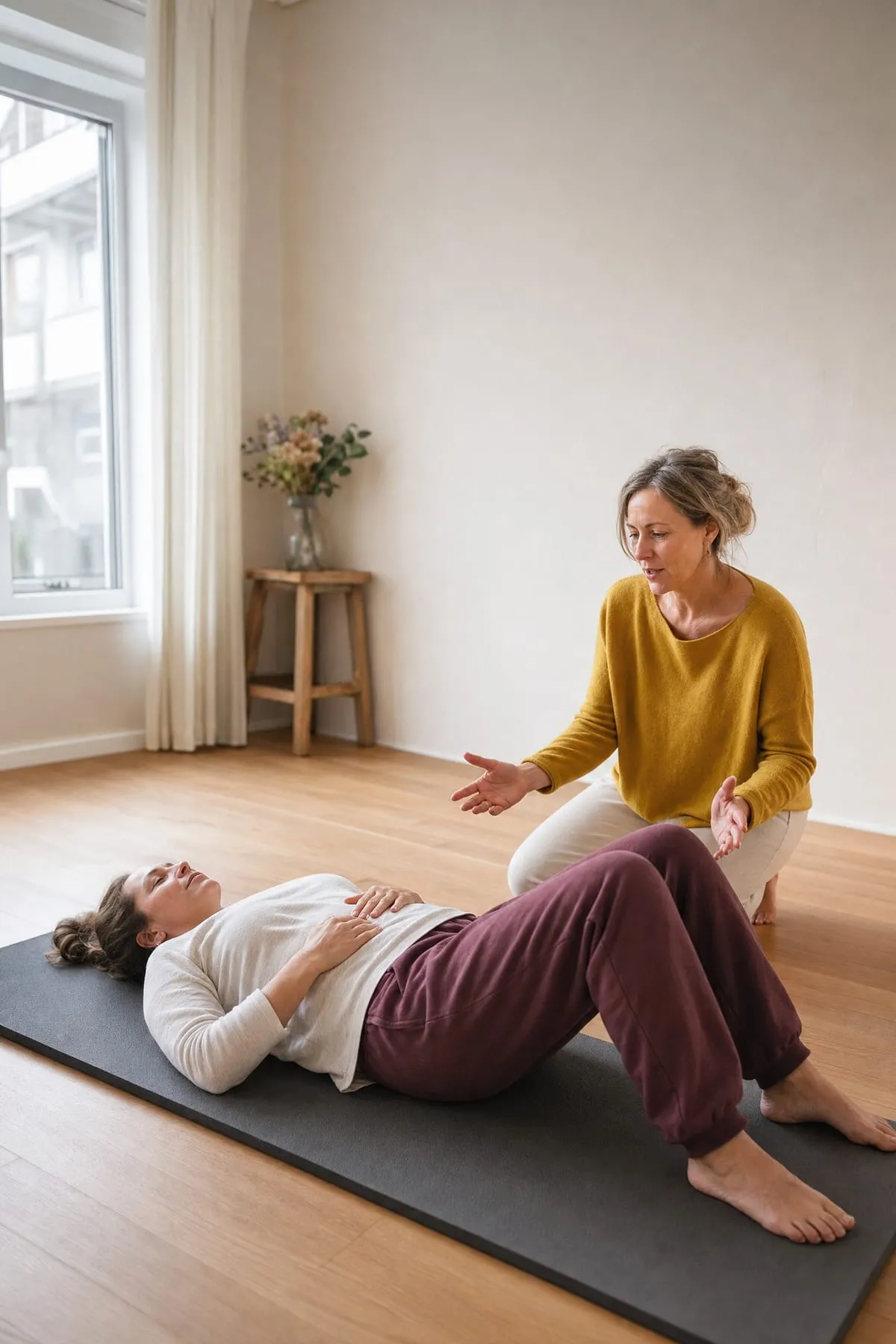 Een vrouw ligt op een mat, de begeleider legt een hand op haar buik